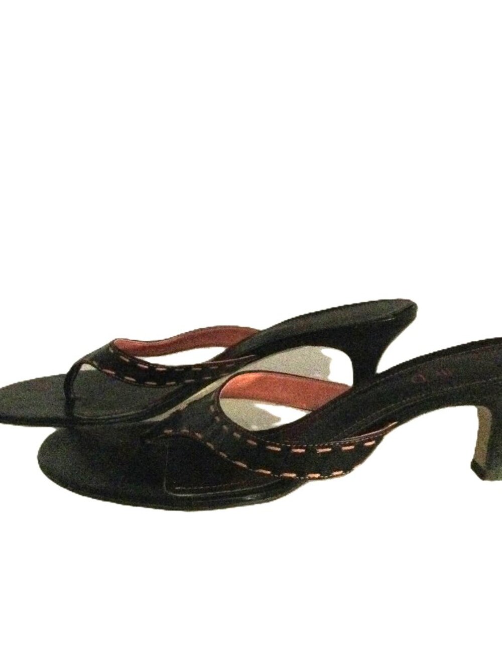 Michelle D Black Kitten Heel Slip-on Sandals 2" Size 8 1/2 M Pink Stich